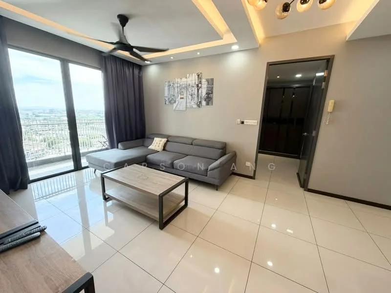 Living features: grey fabric L-shape sectional sofa, wooden coffee table, floor-to-ceiling windows, city view, recessed downlights, 5-blade ceiling fan with light, grey accent wall, white painted walls, glossy tile flooring; style: modern; view: city.