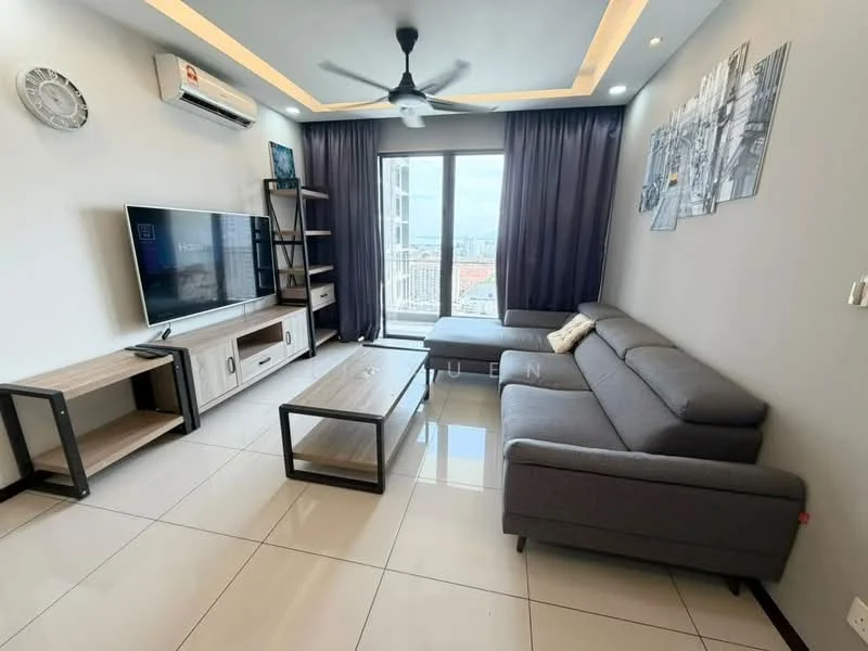 Living features: 3-seater fabric sofa in grey, coffee table with metal frame, TV console with open shelving, wall-mounted TV, floor-to-ceiling windows, sliding glass door, curtains in dark grey, ceiling fan with light, recessed downlights, white painted walls, glossy tile flooring; style: modern; view: city.