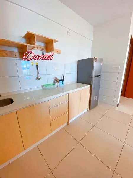 Kitchen features: single-bowl stainless-steel sink, chrome pull-down faucet, laminate countertop, wood cabinetry, stainless-steel fridge, white tiled backsplash, open shelving, ceramic tile flooring, wall-mounted storage shelf; style: modern.