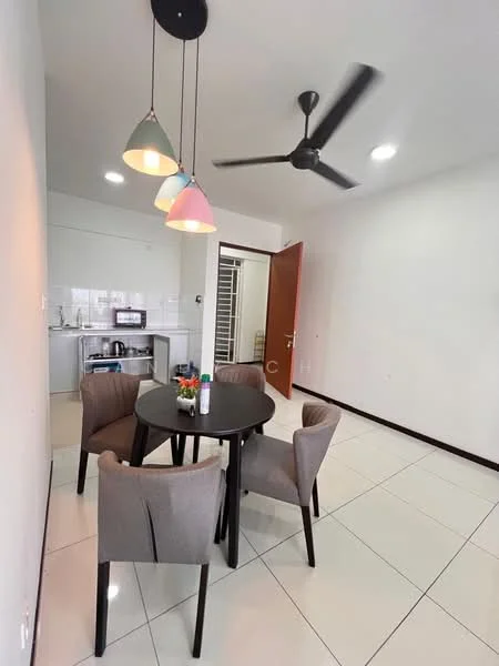 Dining features: round dining table, 4 upholstered dining chairs in grey, 3 pendant lights with pastel shades, ceiling fan, white walls, glossy tile flooring, open kitchen area visible in background, door leading to hallway; style: modern.