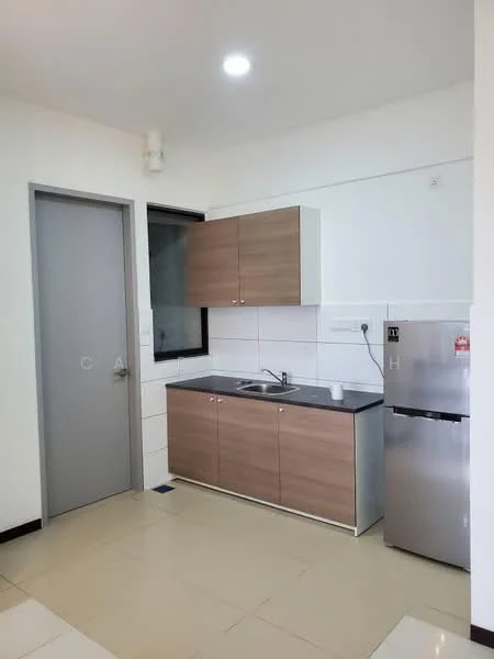 Kitchen features: grey countertop, wood cabinetry, stainless-steel sink, chrome faucet, built-in fridge, white tiled walls, cream floor tiles, single door, window, light fixture; style: modern.