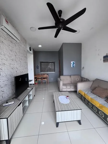 Living features: cream painted walls, grey accent wall, wall-mounted TV, 3-seater fabric sofa in beige, 2-seater sofa with patterned upholstery, coffee table with striped design, TV console with storage, ceiling fan, air conditioning unit, tile flooring, window with blinds, decorative wall art; style: modern.