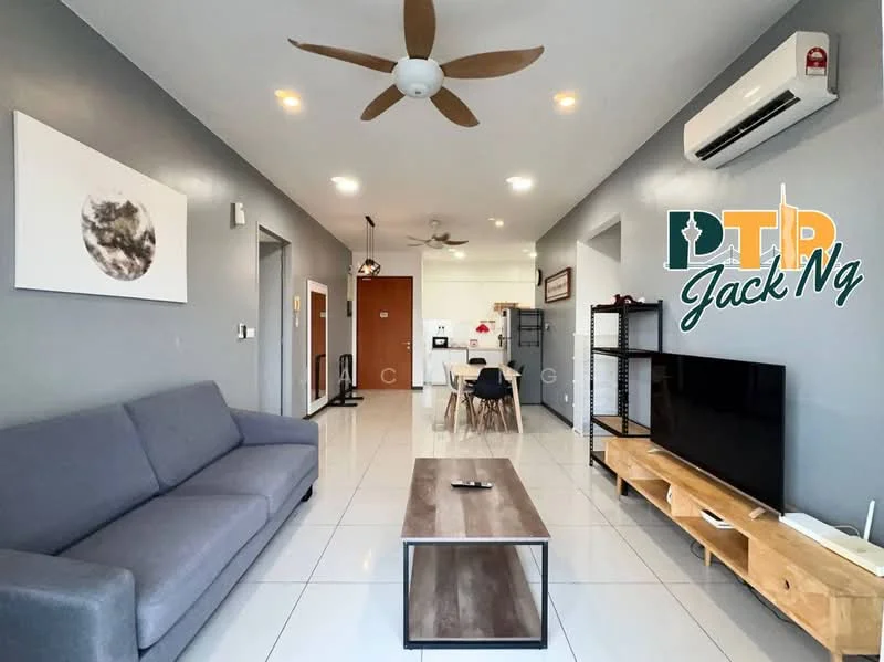 Living features: grey fabric 3-seater sofa, wooden coffee table, wall-mounted TV, TV console in light wood, white painted walls, recessed downlights, ceiling fan, air conditioning unit, large floor tiles, open layout to kitchen, decorative wall art; style: modern.