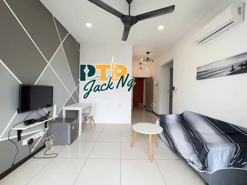 Living features: grey accent wall with geometric pattern, white painted walls, white ceiling, 5-blade ceiling fan with light, recessed LED downlights, large window with sheer curtains, TV console, wall-mounted TV, sofa with grey upholstery, coffee table with wooden legs, floor tiles in white, air conditioning unit; style: modern.