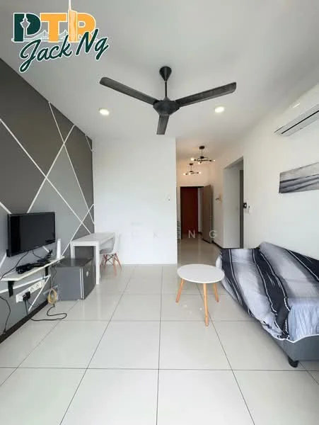 Living features: grey accent wall, white painted walls, white ceiling, 5-blade ceiling fan with light, floor-to-ceiling windows, TV console, wall-mounted TV, sofa bed in grey, round coffee table with wooden legs, ceramic tile flooring, recessed downlights; style: modern.