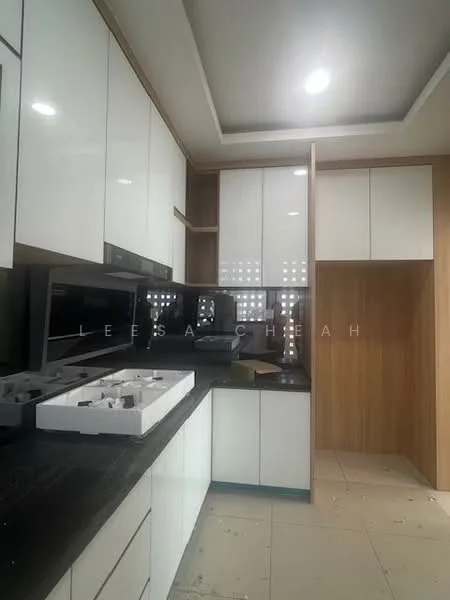 Kitchen features: white glossy cabinets, wood cabinetry, black granite countertop, built-in microwave, stainless-steel sink, chrome faucet, recessed downlights, tile flooring, open shelving, kitchen island, appliance garage, modern cabinetry design; style: modern.