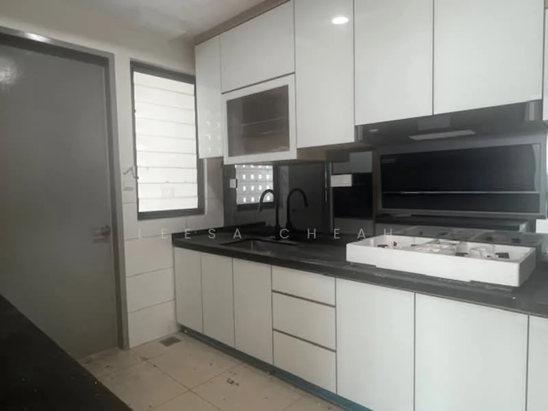 Kitchen features: white cabinetry with flat-panel doors, black countertop, stainless-steel sink, chrome pull-down faucet, built-in oven, built-in microwave, glass cooktop, black backsplash, tile flooring, under-cabinet lighting, open shelving, window above sink, door leading to outside, modern appliances; style: modern.