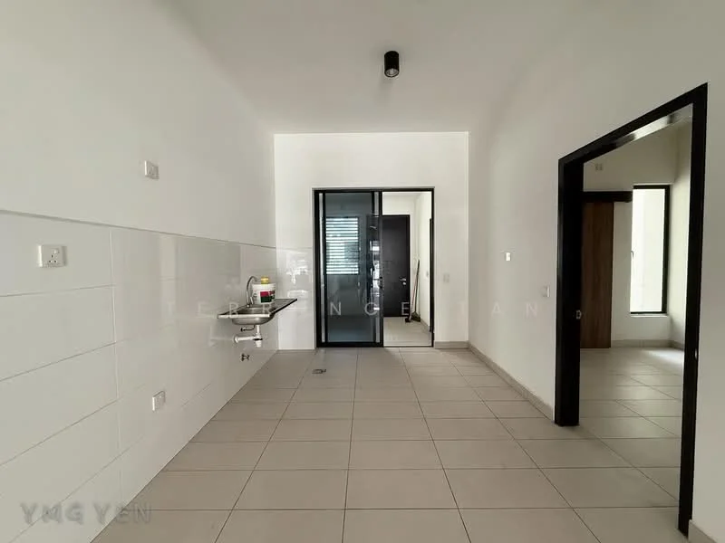 Room features: white tiled walls, light grey floor tiles, recessed ceiling lights, sliding glass door, open layout, wall-mounted shelf, neutral colour scheme, high ceiling; style: modern.
