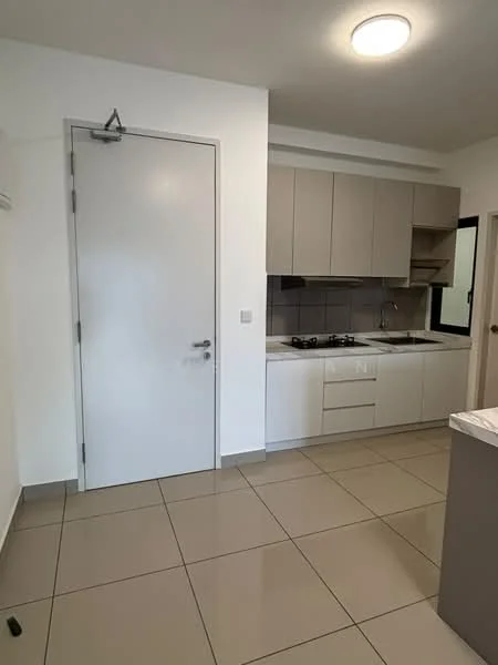 Kitchen features: grey cabinetry, white countertop, stainless-steel sink, chrome faucet, built-in gas hob, wall-mounted cabinets, tile backsplash, ceramic tile flooring, recessed ceiling light, door leading to hallway; style: modern.