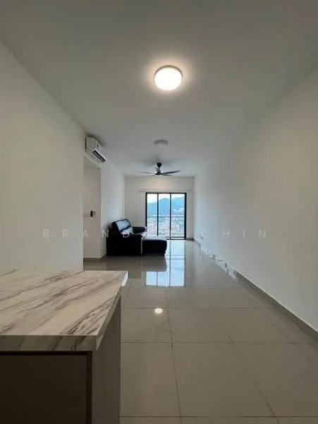Living features: white painted walls, glossy ceramic tile flooring, 5-blade ceiling fan with light, floor-to-ceiling windows, black leather sofa, marble countertop, city view, air conditioning unit; style: modern; view: city.