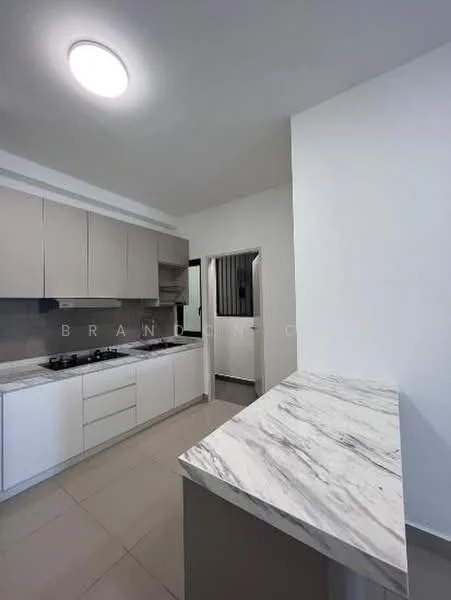 Kitchen features: white cabinetry, marble countertop, stainless-steel sink, chrome pull-down faucet, built-in oven, 4-burner gas hob, exhaust hood, ceramic tile flooring, recessed downlights, wall-mounted cabinets, open shelving, neutral wall color, window with grille, door leading to hallway; style: modern.