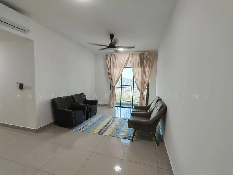 Living features: 2-seater fabric sofa in black, 2-seater fabric sofa in brown, ceiling fan with light, floor-to-ceiling windows, sheer curtains, white painted walls, glossy ceramic tile flooring, area rug with geometric pattern, coffee table, city view; style: modern; view: city.