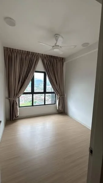 Bedroom features: light wood laminate flooring, white painted walls, 5-blade ceiling fan with light, floor-to-ceiling windows, sheer curtains, city view; style: modern; view: city.