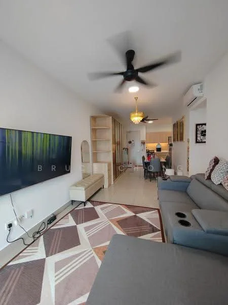 Living features: 3-seater fabric sofa in grey, coffee table, wall-mounted TV, area rug with geometric pattern, 5-blade ceiling fan with light, recessed downlights, decorative mirror, open shelving unit, light fixture with chandelier design, sliding glass door, white painted walls, tile flooring; style: modern. Dining features: dining table for 6, upholstered dining chairs, pendant lamp, white painted walls, tile flooring; style: modern.