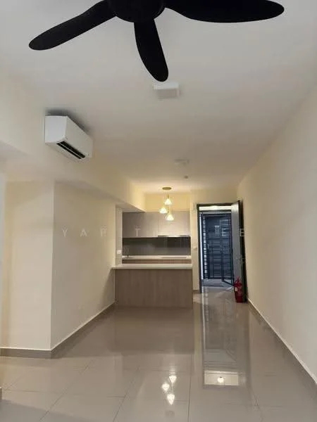 Room features: glossy tile flooring, white painted walls, ceiling fan with light, wall-mounted split AC, pendant lighting, open kitchen layout, kitchen cabinetry in light wood, countertop with under-cabinet lighting, door leading to outdoor area; style: modern.