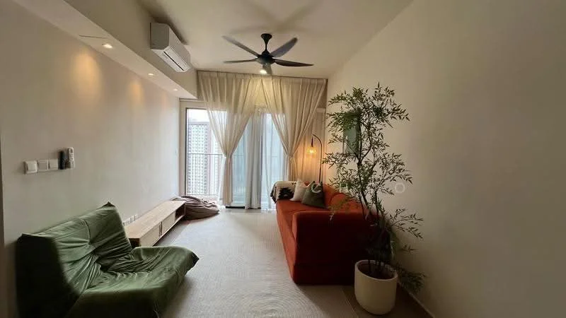 Living features: green fabric sofa, orange fabric sofa, ceiling fan with light, floor-to-ceiling windows, sheer curtains, light-colored walls, carpeted flooring, decorative indoor plant, wooden bench, wall-mounted air conditioning unit, decorative cushions; style: modern; view: city.