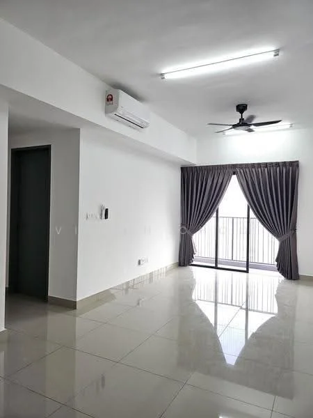 Living features: white painted walls, glossy ceramic tile flooring, 5-blade ceiling fan with light, wall-mounted split AC, floor-to-ceiling sliding glass door, grey curtains, recessed lighting, balcony view; style: modern; view: city.