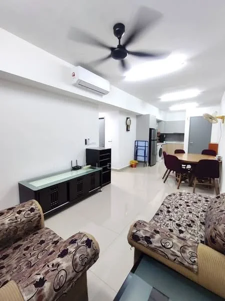 Living features: sofa with floral pattern, 2-seater fabric sofa, 3-seater fabric sofa, coffee table, TV console, wall-mounted split AC, ceiling fan, tile flooring, white painted walls, dining table with upholstered chairs, kitchen area visible in background, refrigerator visible in background; style: modern.