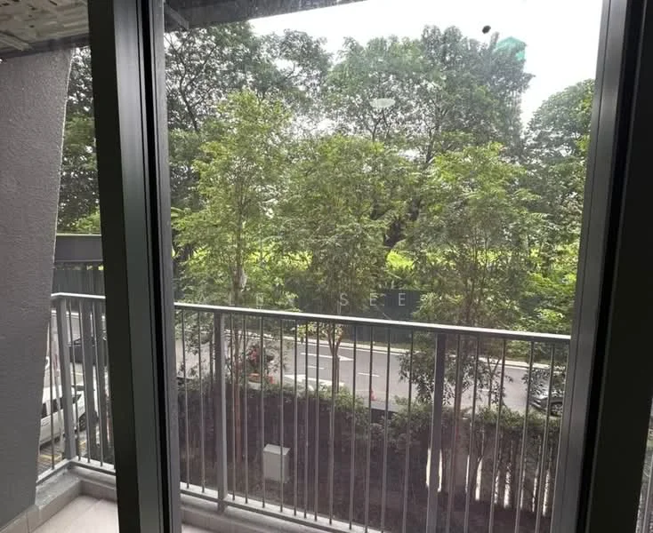 Room features: balcony with railing, view of trees, view of road, glass sliding door, concrete flooring, grey wall, overhead ceiling, outdoor greenery; view: garden.