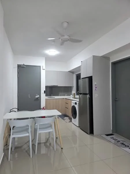 Kitchen features: white painted walls, glossy tile flooring, 5-blade ceiling fan, refrigerator, front-load washing machine, wood cabinetry, stainless-steel sink, countertop with breakfast bar, dining table with 2 chairs; style: modern.
