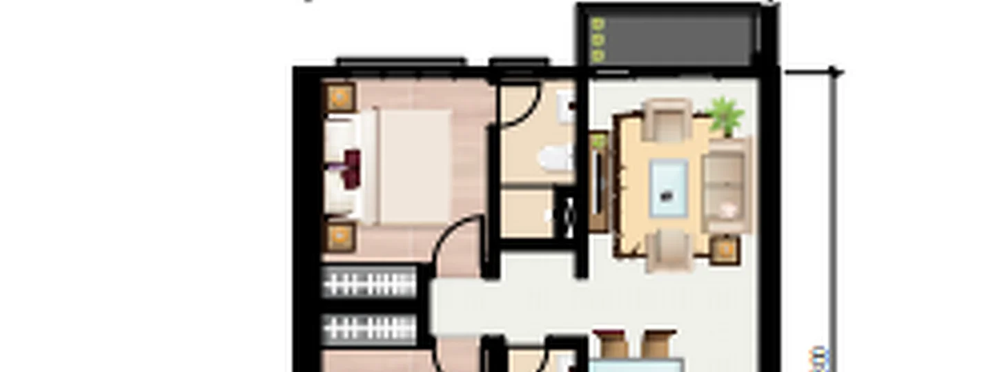 Floor plan: 1-bedroom 1-bathroom unit; features: open-plan kitchen-dining-living, master bedroom with ensuite bathroom, utility room, central foyer, 1 car porch.