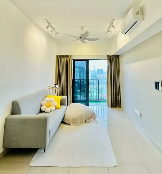 Living features: grey fabric sofa, yellow decorative pillow, light-colored area rug, floor-to-ceiling sliding glass door, curtains in beige, recessed downlights, 5-blade ceiling fan, wall-mounted air conditioning unit, neutral painted walls, tile flooring; style: modern; view: city.