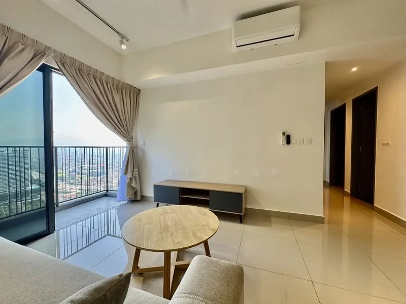Living features: floor-to-ceiling windows, curtains, light-colored walls, recessed downlights, wall-mounted split AC, cream-colored sofa, wooden coffee table, tile flooring, decorative wall panel, open layout, city view; style: modern; view: city.