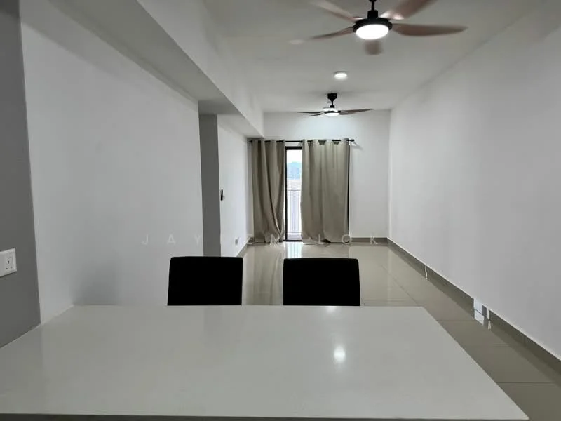 Room features: white painted walls, grey accent wall, ceiling fan, recessed downlights, sliding glass door, floor-to-ceiling windows, tile flooring, curtains, open layout, kitchen island with countertop, two dining chairs; style: modern; view: city.