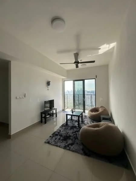 Living features: light-colored painted walls, white ceiling, 5-blade ceiling fan, floor-to-ceiling windows, sliding glass door, beige bean bags, black coffee table, TV console, wall-mounted TV, area rug with geometric pattern, ceramic tile flooring; style: modern; view: city.