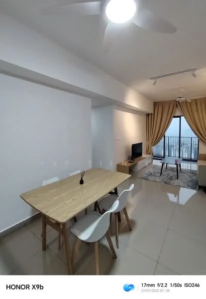 Living features: white painted walls, glossy tile flooring, 5-blade ceiling fan with light, large window with city view, curtains, TV console, wall-mounted TV, dining table with four chairs, area rug; style: modern; view: city.
