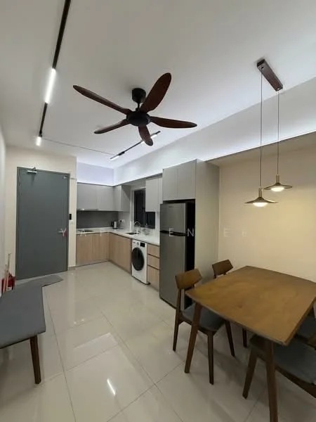 Kitchen features: 5-blade ceiling fan, recessed LED downlights, grey cabinetry, stainless-steel fridge, built-in oven, freestanding washing machine, white countertop, ceramic tile flooring, dining table with 4 chairs, pendant lighting over dining table, open layout, wall-mounted cabinets, sliding door, grey backsplash; style: modern.