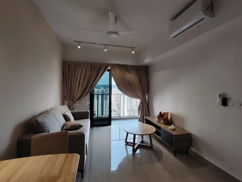 Living features: 3-seater fabric sofa in light grey, coffee table with wooden legs, TV console with storage, floor-to-ceiling windows, curtains in light beige, recessed LED downlights, ceiling fan, wall-mounted air conditioning unit, glossy tile flooring, decorative items on console; style: modern; view: city.
