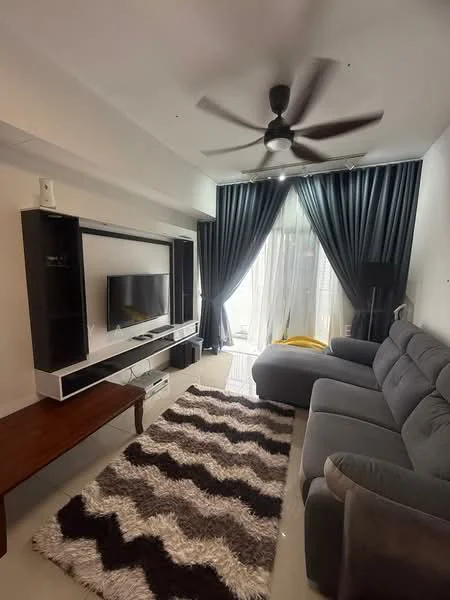 Living features: 3-seater fabric sofa in grey, L-shape sectional in blue, coffee table, wall-mounted TV, TV console, area rug with zigzag pattern in black and white, 5-blade ceiling fan with light, floor-to-ceiling curtains in black, sliding glass door, natural light from window, light-colored wall, glossy tile flooring; style: modern.