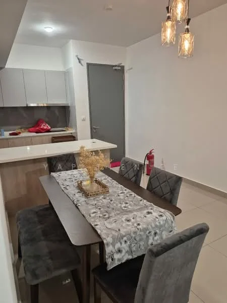 Dining features: 4-seater dining table, grey upholstered dining chairs, table runner with floral pattern, pendant lighting with glass shades, white walls, tile flooring, open kitchen layout, fire extinguisher on wall; style: modern. Kitchen features: grey cabinetry, white countertop, stainless-steel sink, built-in stove, kitchen island with seating; style: modern.