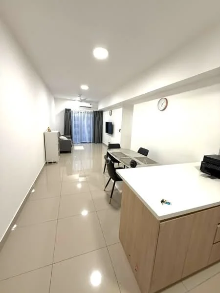 Living features: white painted walls, glossy tile flooring, 5-blade ceiling fan with light, floor-to-ceiling windows with sheer curtains, dining table with chairs, refrigerator, wall-mounted TV, clock on wall, sofa, kitchen island with cabinetry; style: modern.