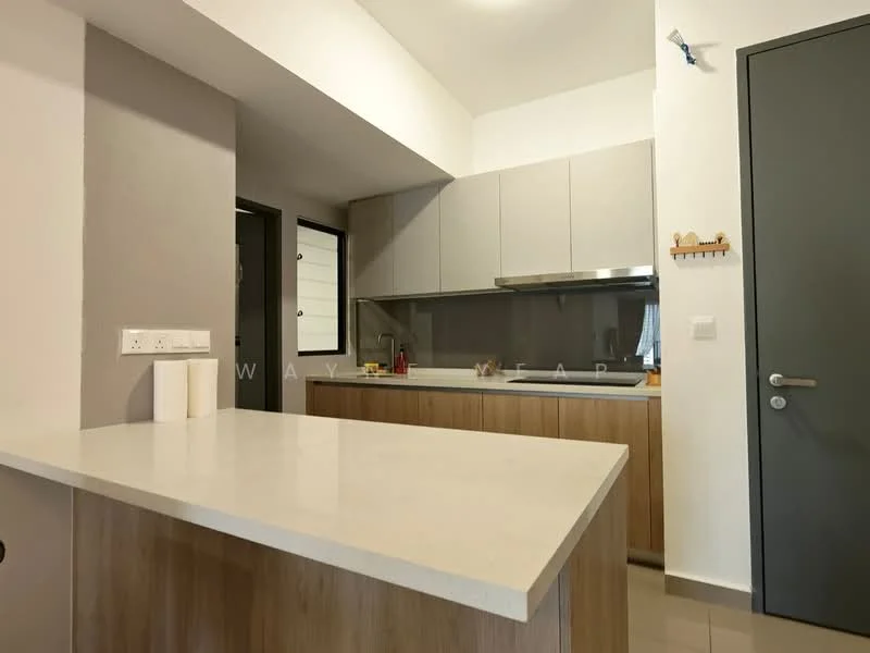 Kitchen features: light grey cabinetry, white countertop, stainless-steel sink, chrome pull-down faucet, built-in oven, induction cooktop, glass backsplash, open shelving, tile flooring, recessed downlights, wall-mounted cabinets, kitchen island with seating, neutral wall color; style: modern.