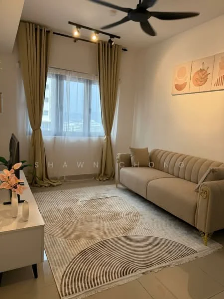 Living features: 3-seater fabric sofa in beige, area rug with circular pattern, wall-mounted TV, TV console, floor-to-ceiling window, sheer curtains, heavy drapes in beige, ceiling fan with light, decorative wall art with abstract designs, light-colored walls, glossy tile flooring; style: modern; view: city.