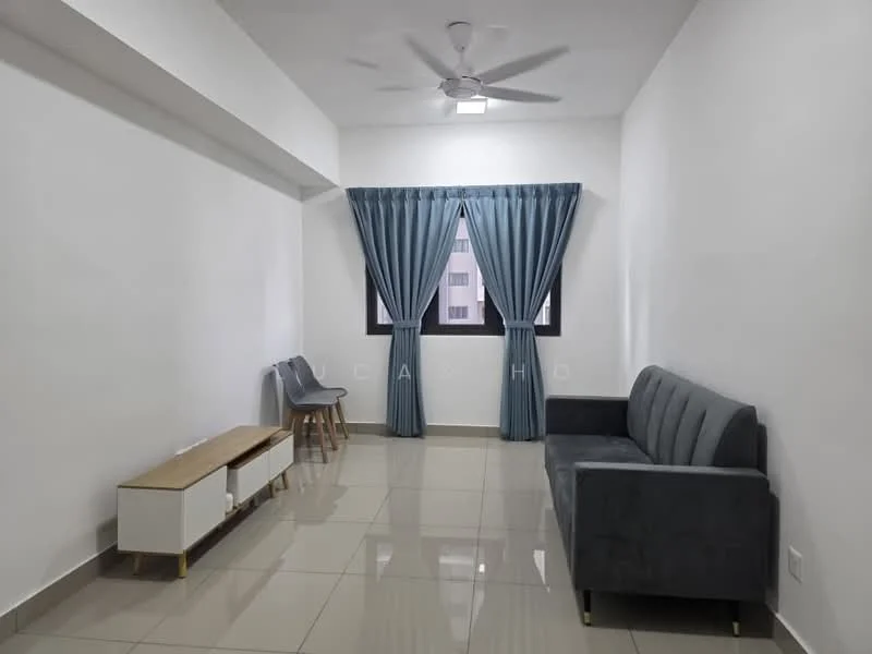 Living features: white painted walls, glossy tile flooring, 5-blade ceiling fan with light, floor-to-ceiling windows, blue curtains, grey fabric sofa, wooden coffee table, 2 dining chairs; style: modern.