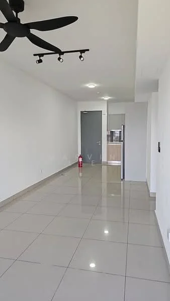 Living features: white painted walls, glossy ceramic tile flooring, 5-blade ceiling fan with light, recessed LED downlights, open layout, doorway leading to kitchen, fire extinguisher, large windows for natural light; style: modern.