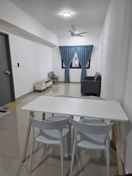 Dining features: white dining table with wooden legs, 2 white plastic dining chairs, grey sofa, light grey curtains, floor-to-ceiling window, ceiling fan, cream tiled flooring, white painted walls; style: modern.