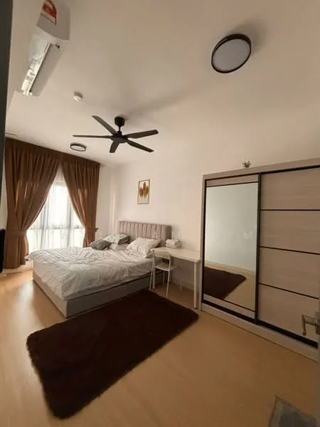 Bedroom features: queen-size bed with upholstered headboard, 2 bedside tables, wall-mounted mirror, built-in wardrobe with sliding doors, 5-blade ceiling fan, recessed ceiling lights, floor-to-ceiling window with sheer curtains, laminate flooring, area rug with dark color, decorative artwork on wall; style: modern.