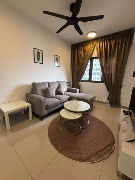 Living features: 3-seater fabric sofa in light grey, round coffee table with white top and gold base, area rug with circular shape, floor-to-ceiling window with brown curtains, light beige painted walls, ceiling fan with 3 blades, wall-mounted TV, decorative wall art; style: modern.