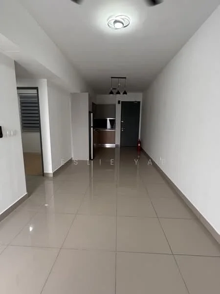 Living features: white painted walls, glossy tile flooring, recessed ceiling lights, ceiling fan, open layout, kitchen area visible, sliding door to outside, fire extinguisher, intercom panel; style: modern.