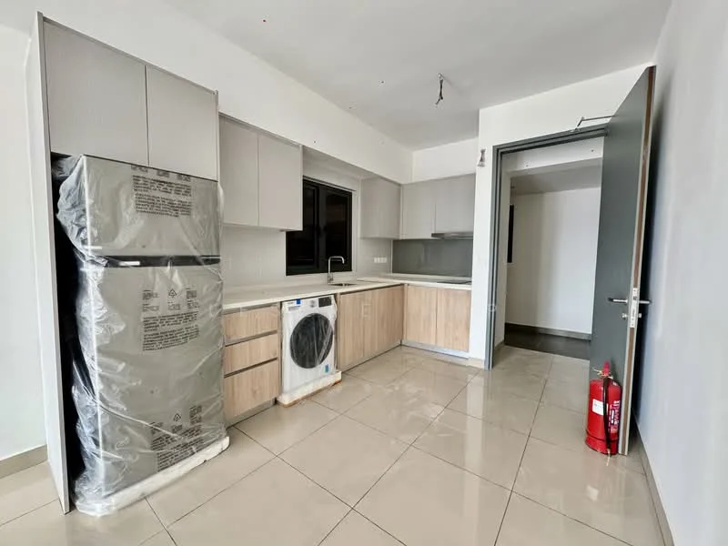 Kitchen features: white cabinets, light wood cabinetry, stainless-steel fridge, front-load washing machine, white countertop, ceramic tile flooring, single-bowl stainless-steel sink, chrome pull-down faucet, window above sink, recessed downlights; style: modern.