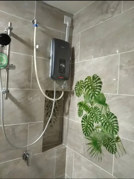 Bathroom features: grey tiled walls, shower head, wall-mounted water heater, chrome shower valve, greenery decoration, tile flooring; style: modern.