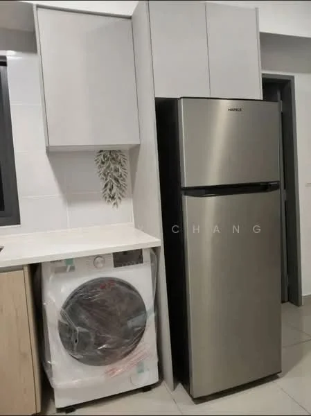 Kitchen features: stainless-steel fridge, front-load washing machine, light wood cabinetry, white tiled backsplash, grey tiled flooring, under-cabinet lighting, countertop space, wall-mounted cabinets; style: modern.