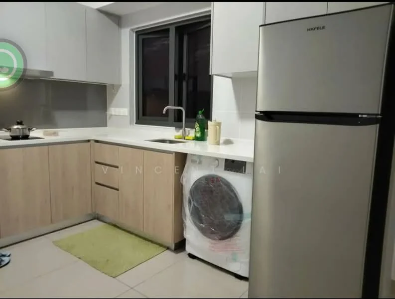Kitchen features: light grey upper cabinets, wooden lower cabinets, white quartz countertop, single-bowl stainless-steel sink, chrome pull-down faucet, built-in refrigerator in silver, front-load washing machine, ceramic tile flooring, window with black frame, green dish mat, stainless-steel pot on stove; style: modern.