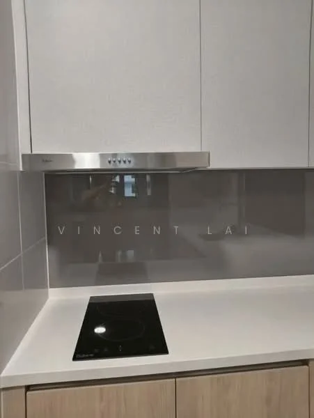 Kitchen features: white cabinetry, stainless-steel range hood, glass backsplash, induction cooktop, light-colored countertop, under-cabinet lighting, modern cabinet handles, built-in storage; style: modern.
