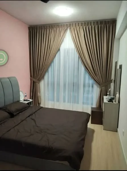 Bedroom features: king-size bed with grey upholstered headboard, brown bedding, floor-to-ceiling window, sheer curtains, brown drapes, light wood flooring, nightstand, table lamp, wall-mounted mirror, decorative wall art, wall clock; style: modern.