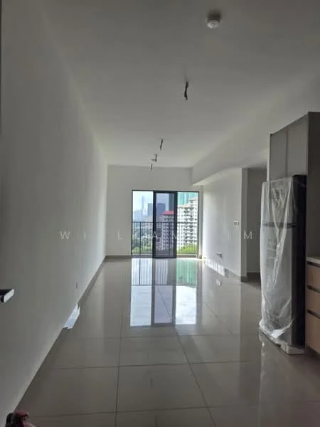 Living features: large floor-to-ceiling windows, sliding glass door, white painted walls, polished ceramic tile flooring, recessed downlights, open layout, city view, minimalist design, neutral color palette, visible kitchen cabinetry, kitchen island, space for furniture arrangement; style: modern; view: city.